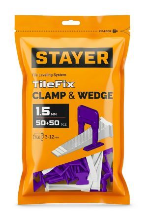 STAYER СВП TileFix, комплект: 1,5 мм, зажим + клин, 50 + 50 шт, система выравнивания плитки ″ворота″ (33842-H50)