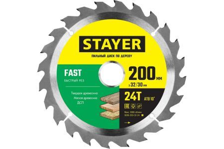 STAYER FAST 200 x 32/30мм 24Т, диск пильный по дереву, быстрый рез, 3680-200-32-24