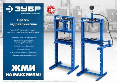 ЗУБР ПГН-12, 12 т, гидравлический пресс с гидронасосом и манометром, Профессионал (43072-12)
