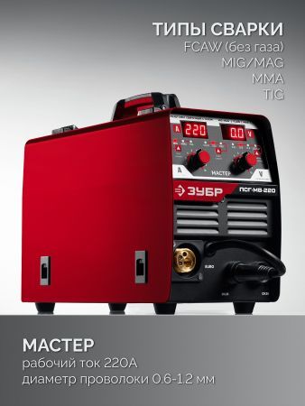 ЗУБР MASTER, MIG / MAG, FCAW, MMA, TIG, 220 А, полуавтомат сварочный, с газом / без газа, горелка ПСГ-220 (ПСГ-М8-220)
