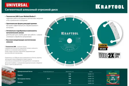 KRAFTOOL UNIVERSAL 230 мм, диск алмазный отрезной сегментный по железобетону, высокопрочному бетону, кирпичу, камню (230х22.2мм, 10х2.8мм), 36680-230