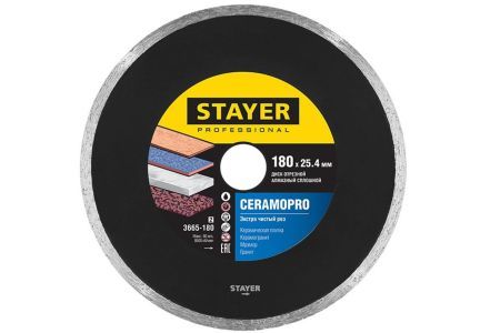 STAYER CERAMO-25 180 мм, диск алмазный отрезной сплошной, керамогранит, мрамор, плитка, гранит (180х25.4 мм, 5х2.2 мм), 3665-180, серия Professional