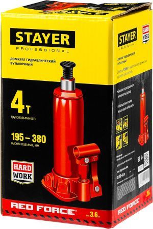 STAYER RED FORCE, 4 т, 195 - 380 мм, бутылочный гидравлический домкрат, Professional (43160-4)