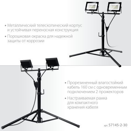 ЗУБР ПСК 30х2, 2 х 30 Вт, 6500 К, IP 65, 1.6 м, светодиодные прожекторы на штативе, Профессионал (57145-2-30)