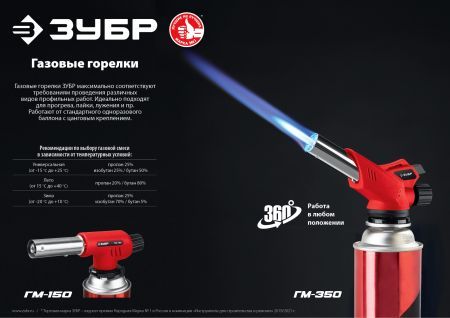 ЗУБР ГМ-150, 1300°C, газовая горелка с пьезоподжигом на баллон с цанговым соединением (55554)