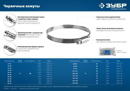 ЗУБР Х-9Н, 32 - 50 мм, накатная лента 9 мм, цинк, 50 шт, червячный хомут (37807-50)