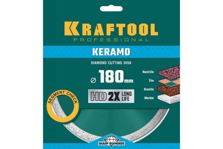 KRAFTOOL KERAMO 180 мм, диск алмазный отрезной сплошной по керамограниту, керамической плитке, граниту, мрамору (180х22.2 мм, 10х2.6 мм), 36684-180