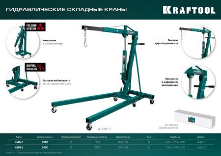 KRAFTOOL KMG-1, 1 т, 75 - 1950 мм, складной гидравлический кран (43411-1)