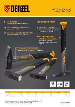 Молоток слесарный, 1000 г, кованый, фибергласовая рукоятка c TPR покрытием Denzel