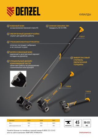 Кувалда с клиновидным бойком 1,35 кг, фибергласовая рукоятка c TPR Denzel