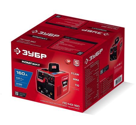 ЗУБР КОМПАКТ, FCAW, MMA, TIG, 160 А, полуавтомат сварочный, без газа, горелка ПС-160 (ПС-М3-160)