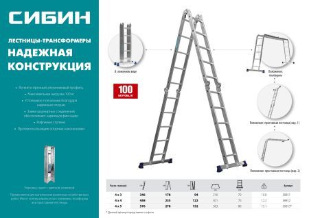 СИБИН ЛТ-44, 4 x 4 ступени, алюминиевая, четырехсекционная лестница-трансформер (38852)