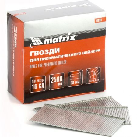 MATRIX Гвозди для пневматического нейлера 16GA, сечение 1.6 х 1.4, длина 38 мм, 2500 шт