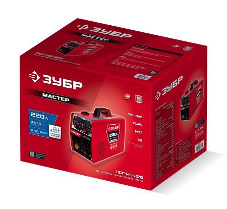 ЗУБР MASTER, MIG / MAG, FCAW, MMA, TIG, 220 А, полуавтомат сварочный, с газом / без газа, горелка ПСГ-220 (ПСГ-М8-220)
