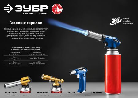 ЗУБР ГПМ-800, 1300°C, цельнометаллическая, газовая горелка с пьезоподжигом на баллон с цанговым соединением, Профессионал (55550)