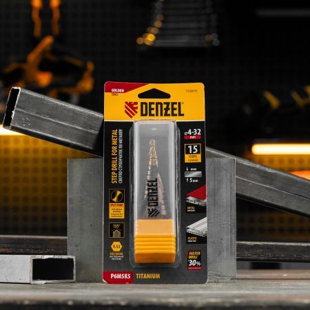 Сверло ступенчатое, 4-6-8-10-12-14-16-18-20-22-24-26-28-30-32 мм, Р6М5К5, 6-гр. хвостовик Denzel