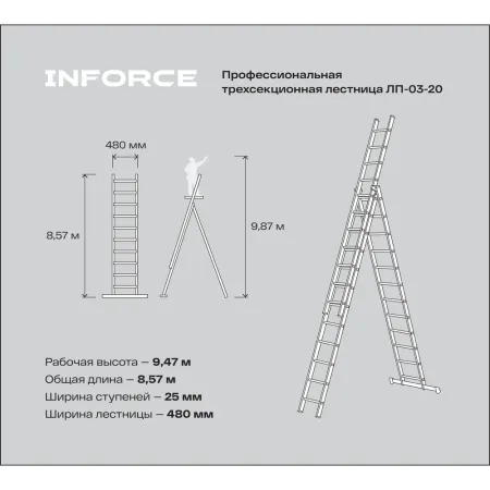 Профессиональная трехсекционная лестница Inforce ЛП-03-20