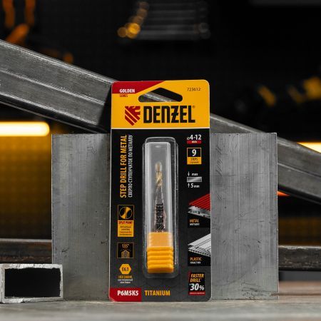 Сверло ступенчатое 4-5-6-7-8-9-10-11-12 мм, Р6М5К5, 6-гр. хвостовик Denzel