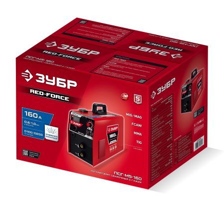 ЗУБР RED FORCE, MIG / MAG, FCAW, MMA, TIG, 160 А, полуавтомат сварочный, с газом / без газа, горелка ПСГ-180 (ПСГ-М5-160)