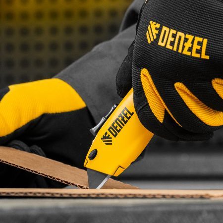 Нож, 19мм, сменное трапециевидное  лезвие, SK4, алюминиевый корпус, торцевой зажим Denzel