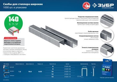 ЗУБР скобы тип 140 (G/11/57), 12 мм, калибр 20GA. 1000 шт. Профессионал (31630-12)