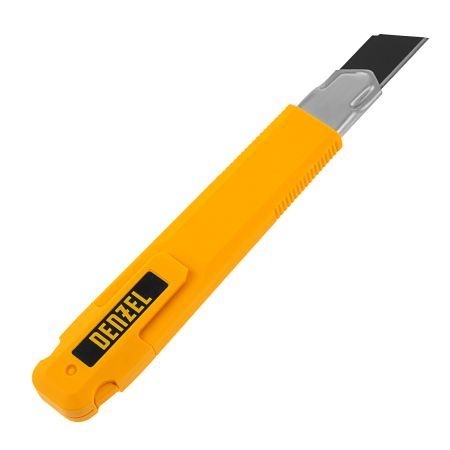 Нож, 18 мм, сменное лезвие, SK4, метал. направляющая, клипса, нажимной фиксатор Denzel