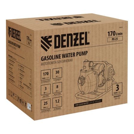 Мотопомпа бензиновая для чистой воды PX-25, 52 см3, 1", 170 л/мин, глуб 8 м, напор 30 м Denzel