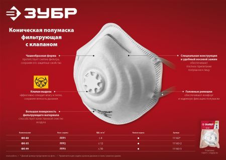 ЗУБР ФК-99, класс защиты FFP3, коническая, фильтрующая полумаска с клапаном выдоха (11163-3)